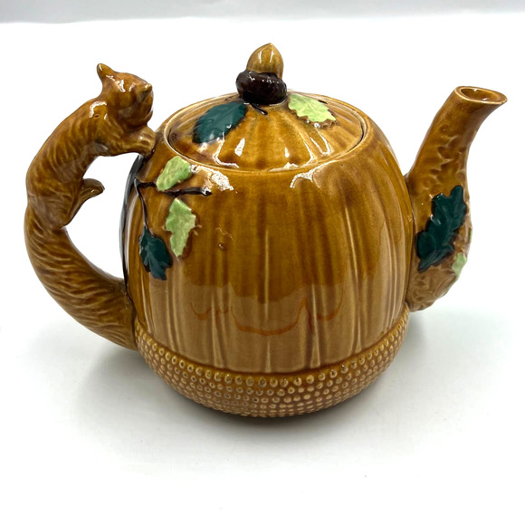Majolica Pottery Occupied Japan Teapot Acorn Forest Squirrel Handle Ceramic - Picture 2 of 15